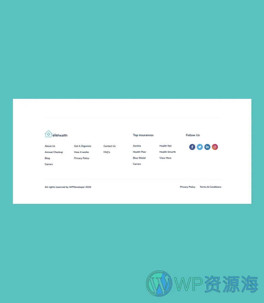 快速建站Gutenberg网站模板_一键导入快速建站插图5-WP资源海 EleHealth Footer Section For Gutenberg
