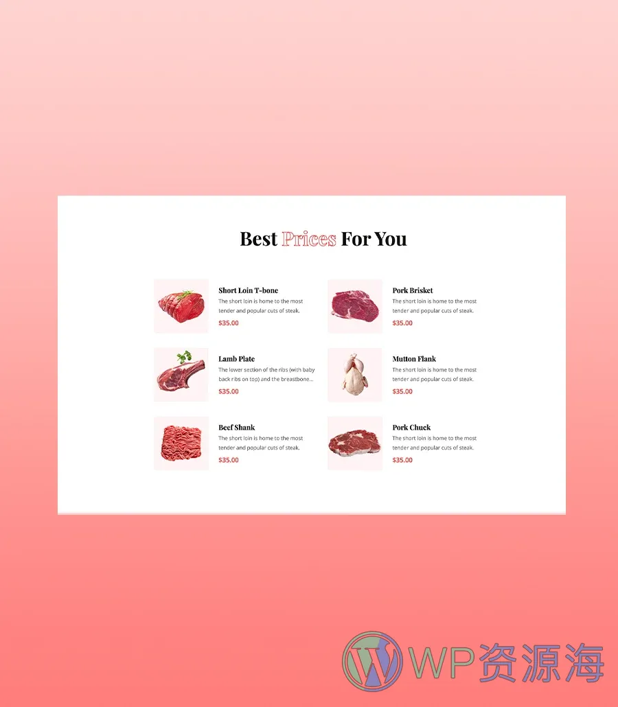 肉类市场Gutenberg网站模板_一键导入快速建站插图1-WP资源海 Meat Market Prices Section For Gutenberg