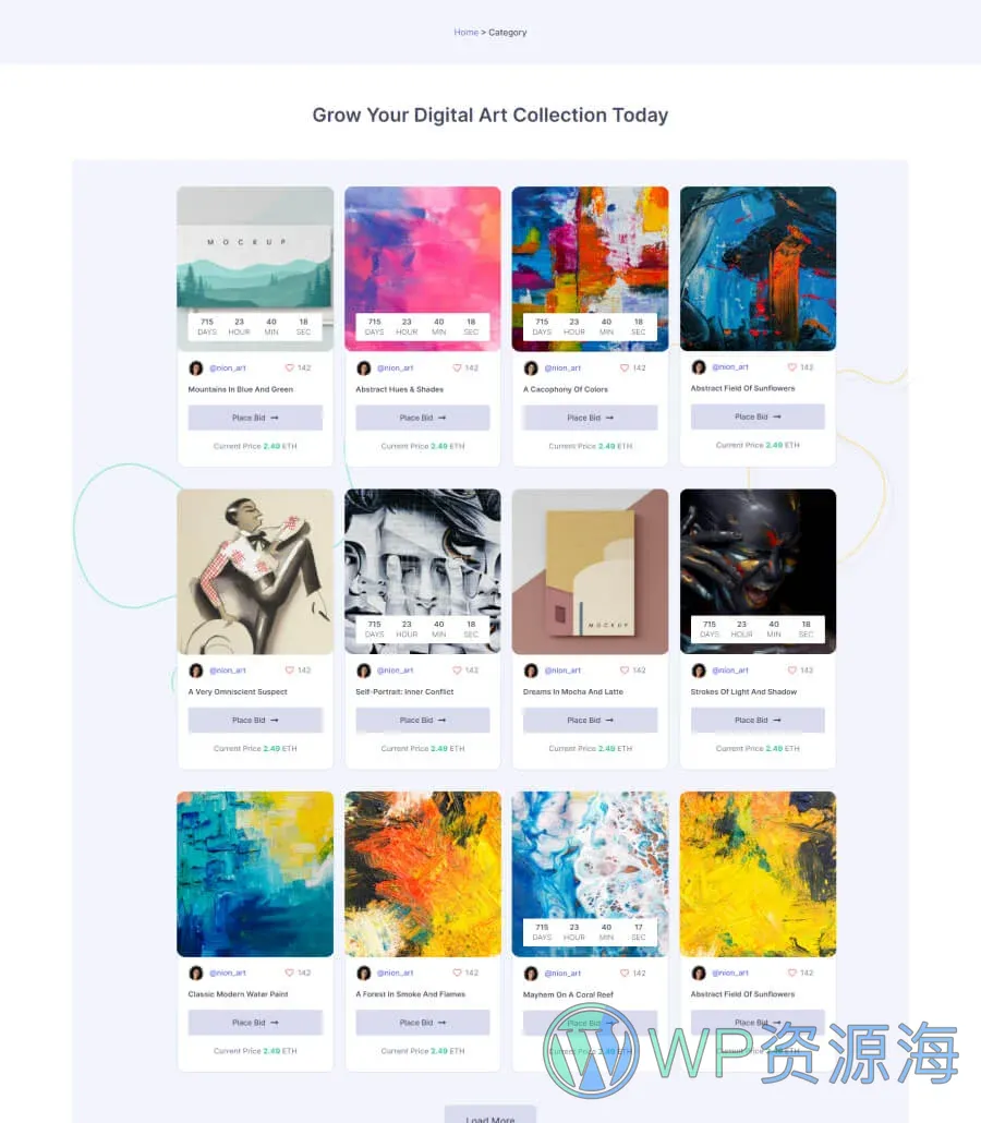 NFT 市场Gutenberg网站模板_一键导入快速建站插图2-WP资源海 NFTGallery Category Page For Gutenberg