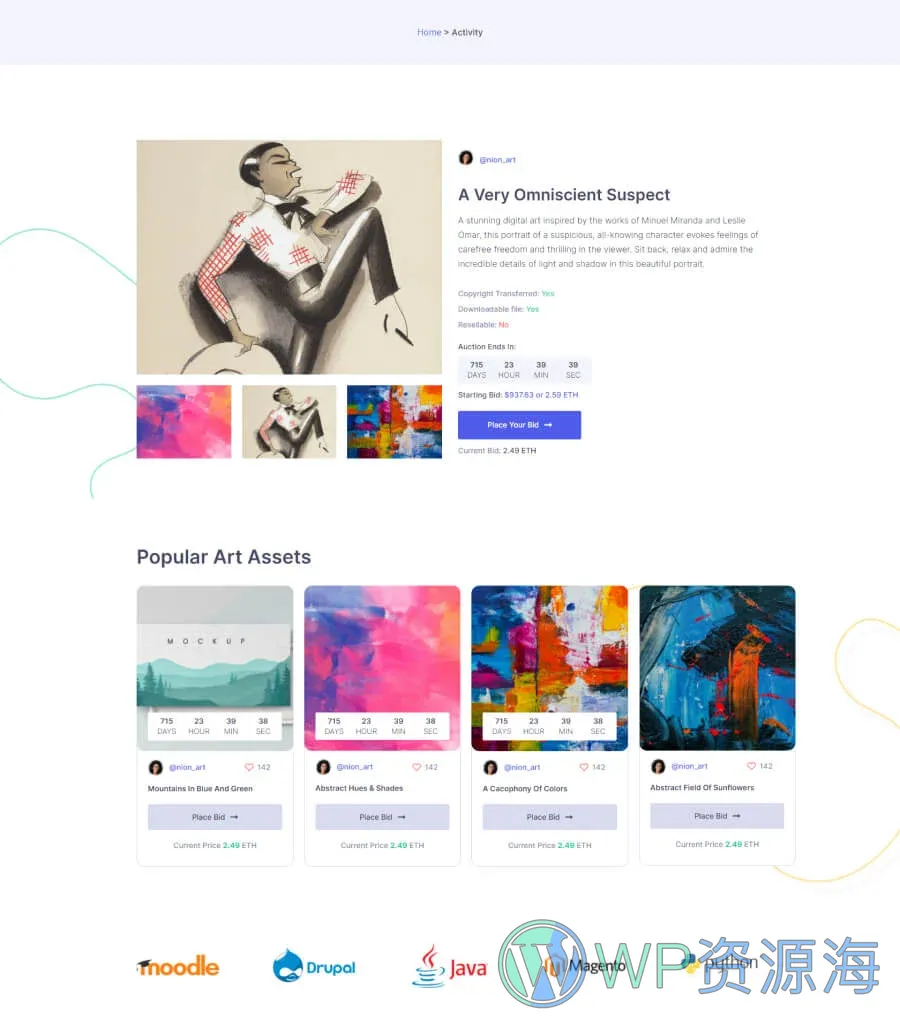 NFT 市场Gutenberg网站模板_一键导入快速建站插图5-WP资源海 NFTGallery Item Details Page For Gutenberg