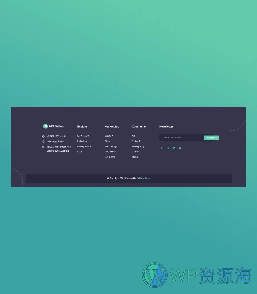 NFT 市场Gutenberg网站模板_一键导入快速建站插图7-WP资源海 NFTGallery Footer Section For Gutenberg