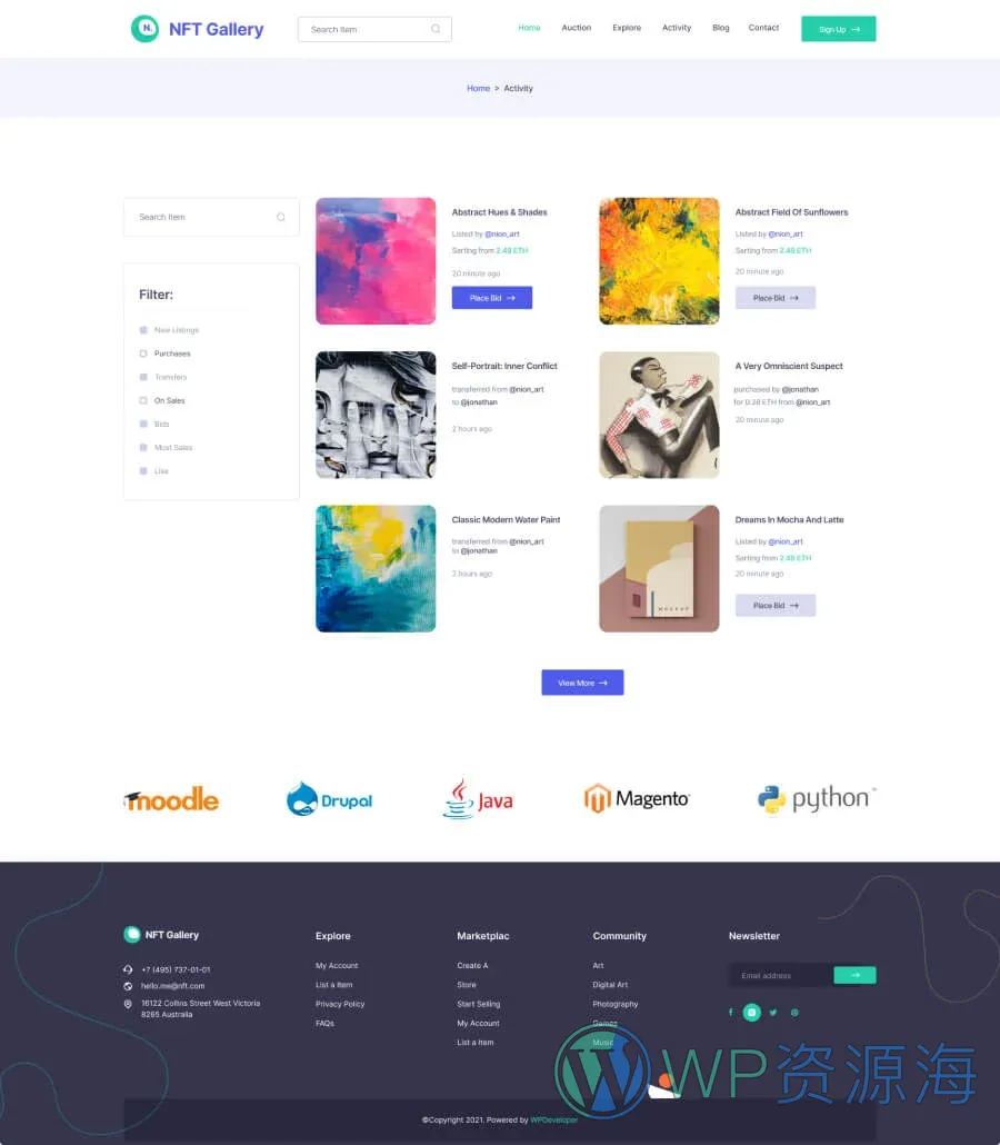 NFT 市场Elementor网站模板_一键导入快速建站插图2-WP资源海 NFTGallery Activity Page