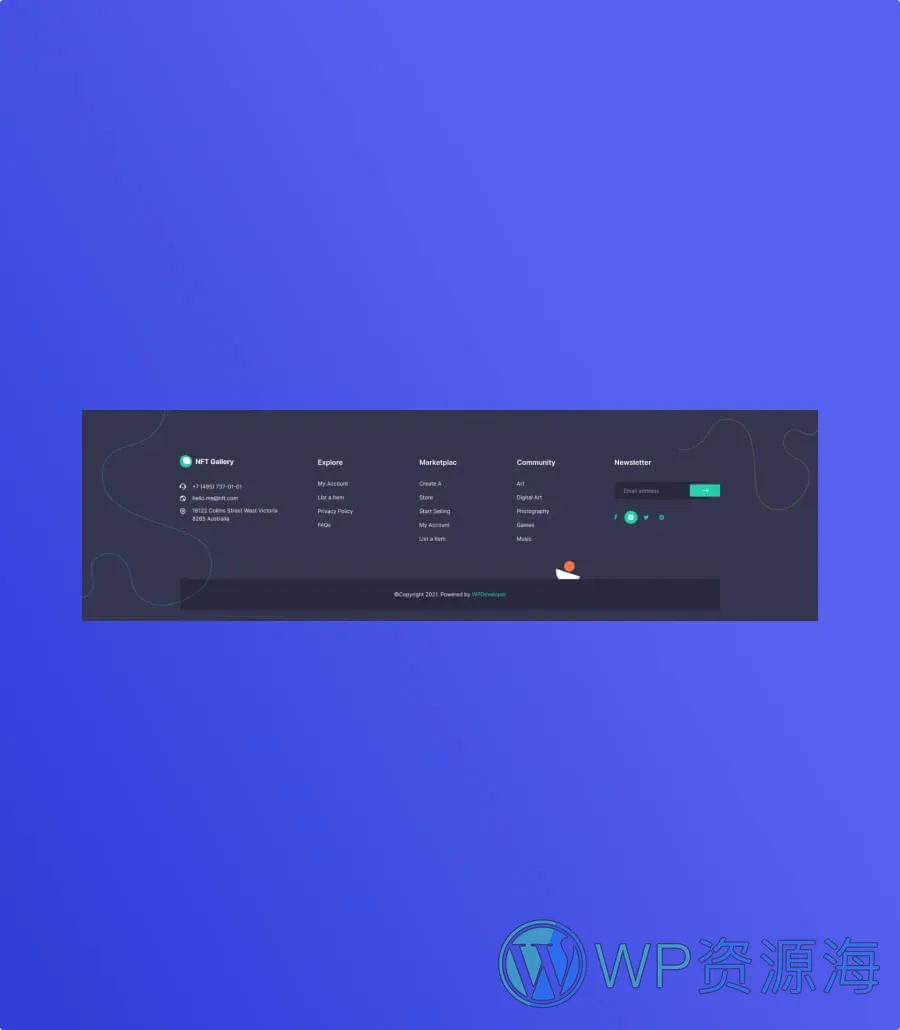 NFT 市场Elementor网站模板_一键导入快速建站插图7-WP资源海 NFTGallery Footer