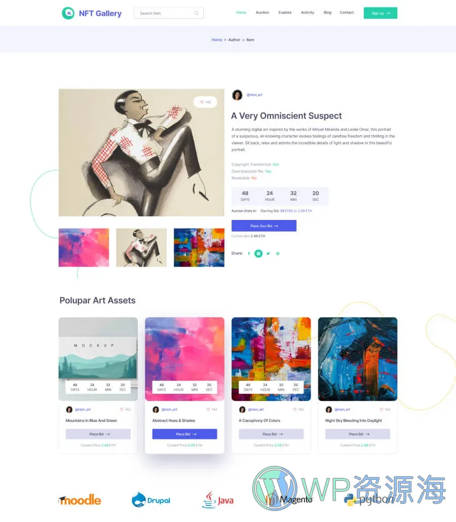 NFT 市场Elementor网站模板_一键导入快速建站插图5-WP资源海 NFTGallery Details Page