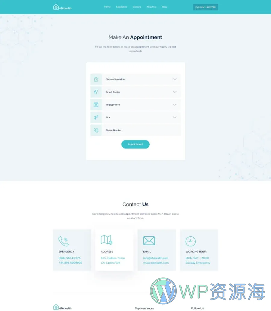 医疗健康 ( 版Elementor网站模板_一键导入快速建站插图4-WP资源海 EleHealth Website Template Appointment