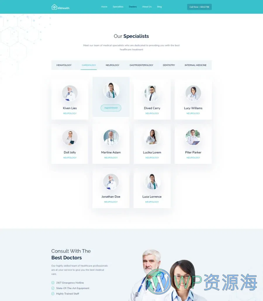 医疗健康 ( 版Elementor网站模板_一键导入快速建站插图6-WP资源海 EleHealth Website Template Doctors List Page