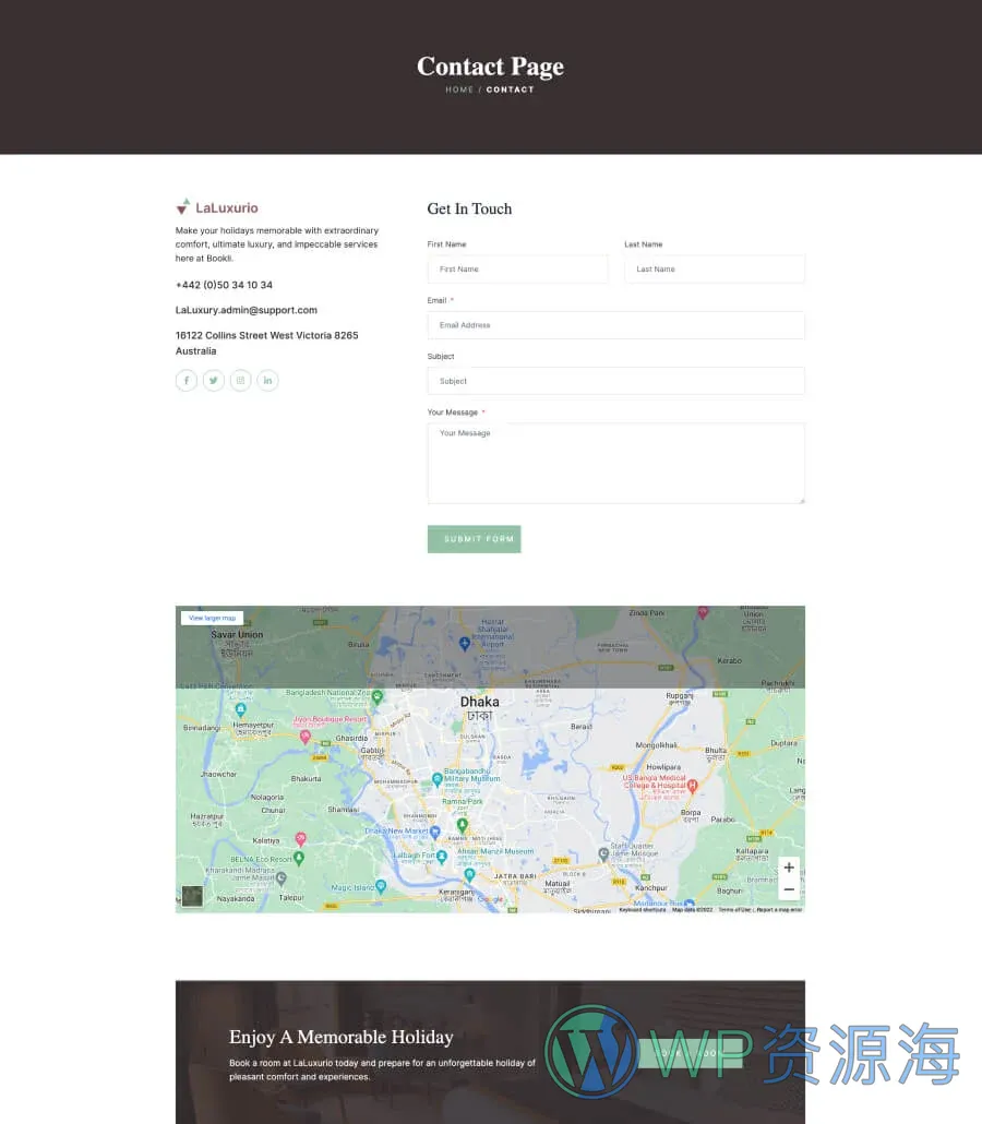 酒店预订Gutenberg网站模板_一键导入快速建站插图3-WP资源海 LaLuxurio Contact Page For Gutenberg