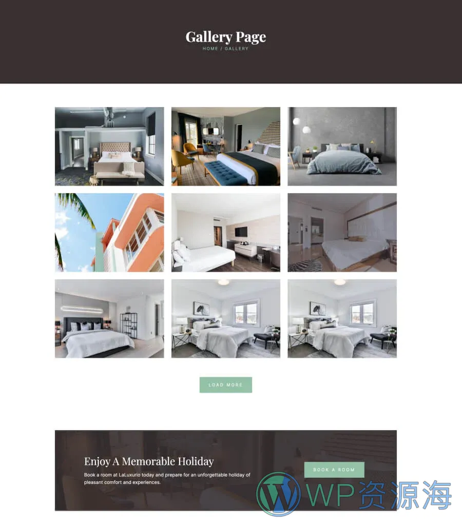 酒店预订Gutenberg网站模板_一键导入快速建站插图4-WP资源海 LaLuxurio Gallery Page For Gutenberg