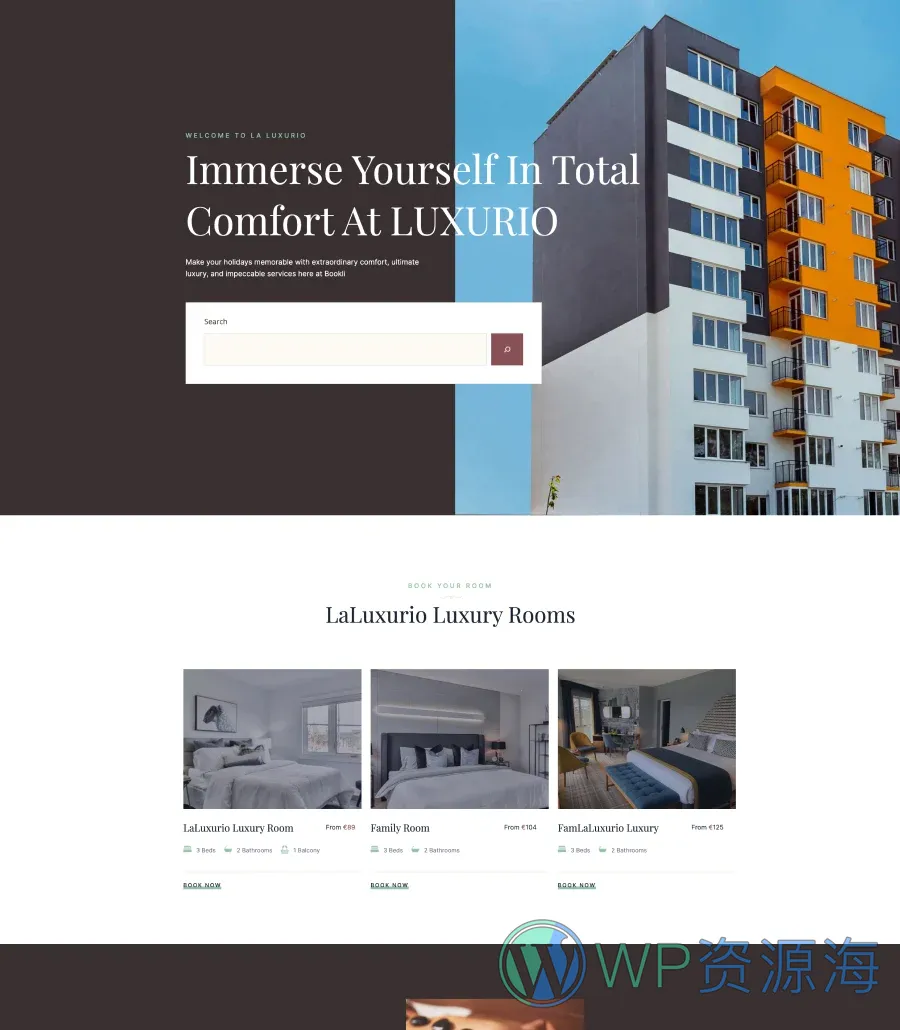 酒店预订Gutenberg网站模板_一键导入快速建站插图1-WP资源海 LaLuxurio Home Page For Gutenberg