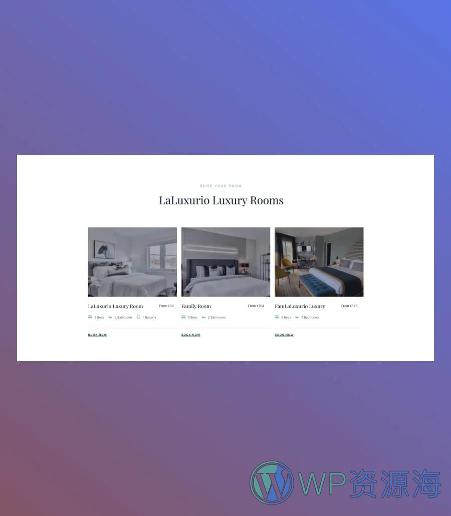 酒店预订Gutenberg网站模板_一键导入快速建站插图8-WP资源海 LaLuxurio Rooms Section For Gutenberg
