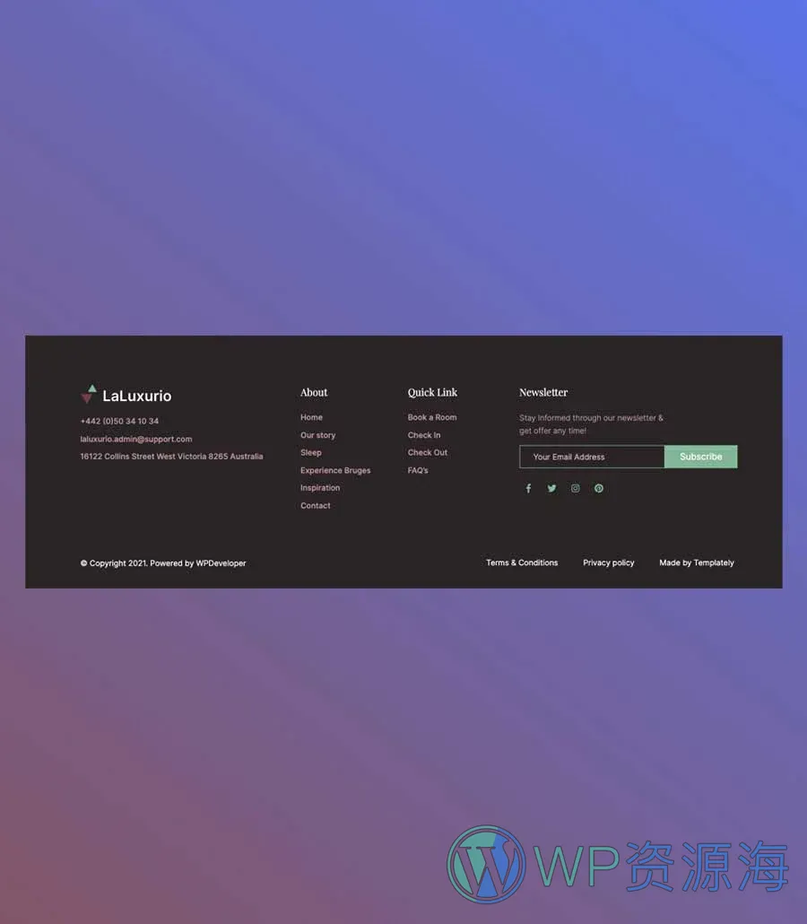 酒店预订Gutenberg网站模板_一键导入快速建站插图10-WP资源海 LaLuxurio Footer Section For Gutenberg