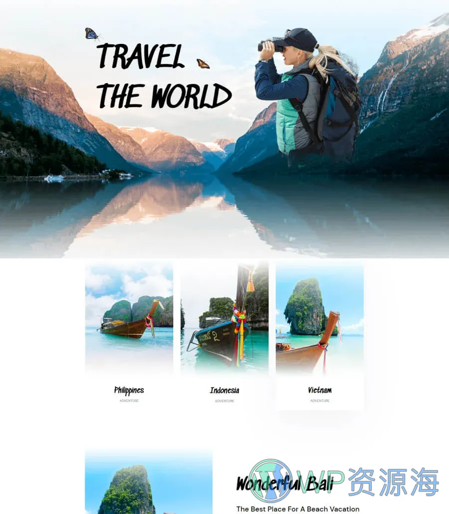 旅行博客Gutenberg网站模板_一键导入快速建站插图1-WP资源海 Wanderly Landing Page For Gutenberg