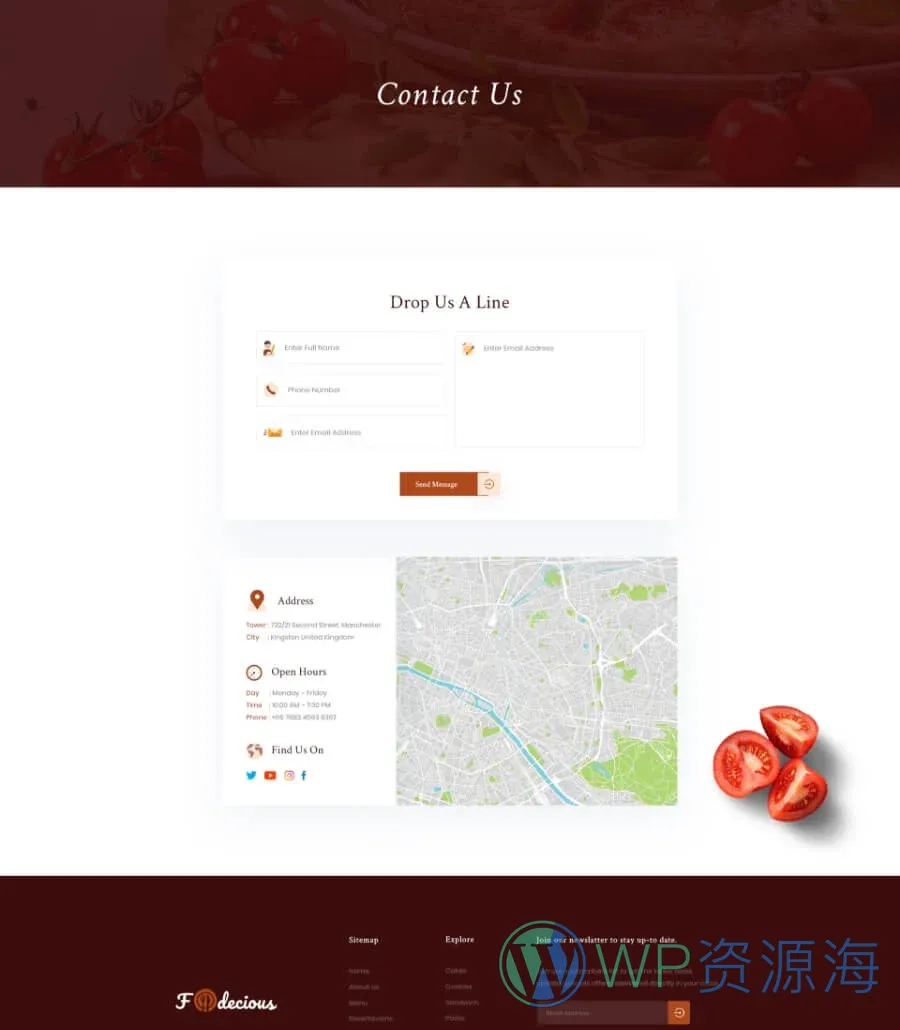 餐饮Elementor网站模板_一键导入快速建站插图3-WP资源海 Foodiecious Contact Us
