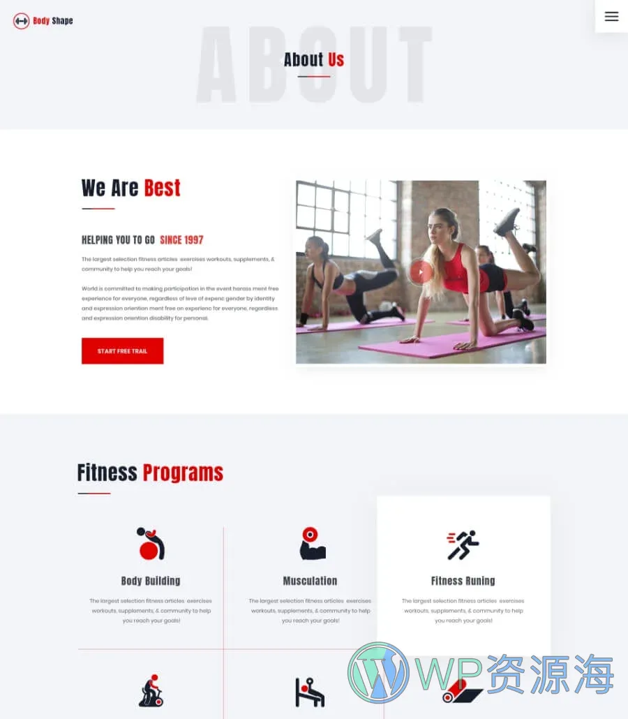 健身瑜伽 网站 方案Elementor网站模板_一键导入快速建站插图3-WP资源海 FitCut Fitness About