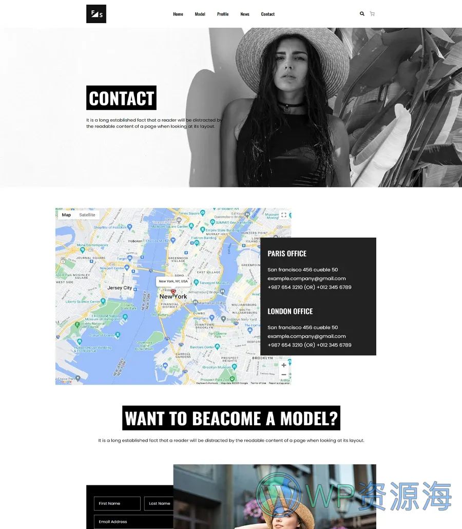 机构Gutenberg网站模板_一键导入快速建站插图2-WP资源海 Fashion and Modeling Contact Page For Gutenberg