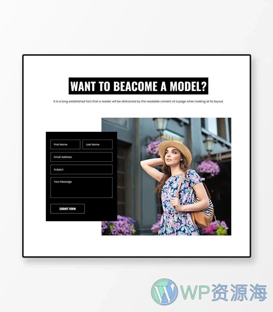 机构Gutenberg网站模板_一键导入快速建站插图8-WP资源海 Fashion and Modeling Contact Section For Gutenberg