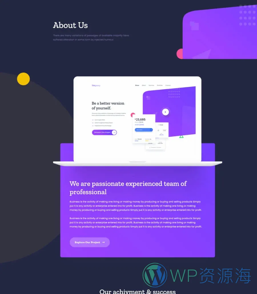 机构Gutenberg网站模板_一键导入快速建站插图7-WP资源海 Unigency About Page Dark For Gutenberg