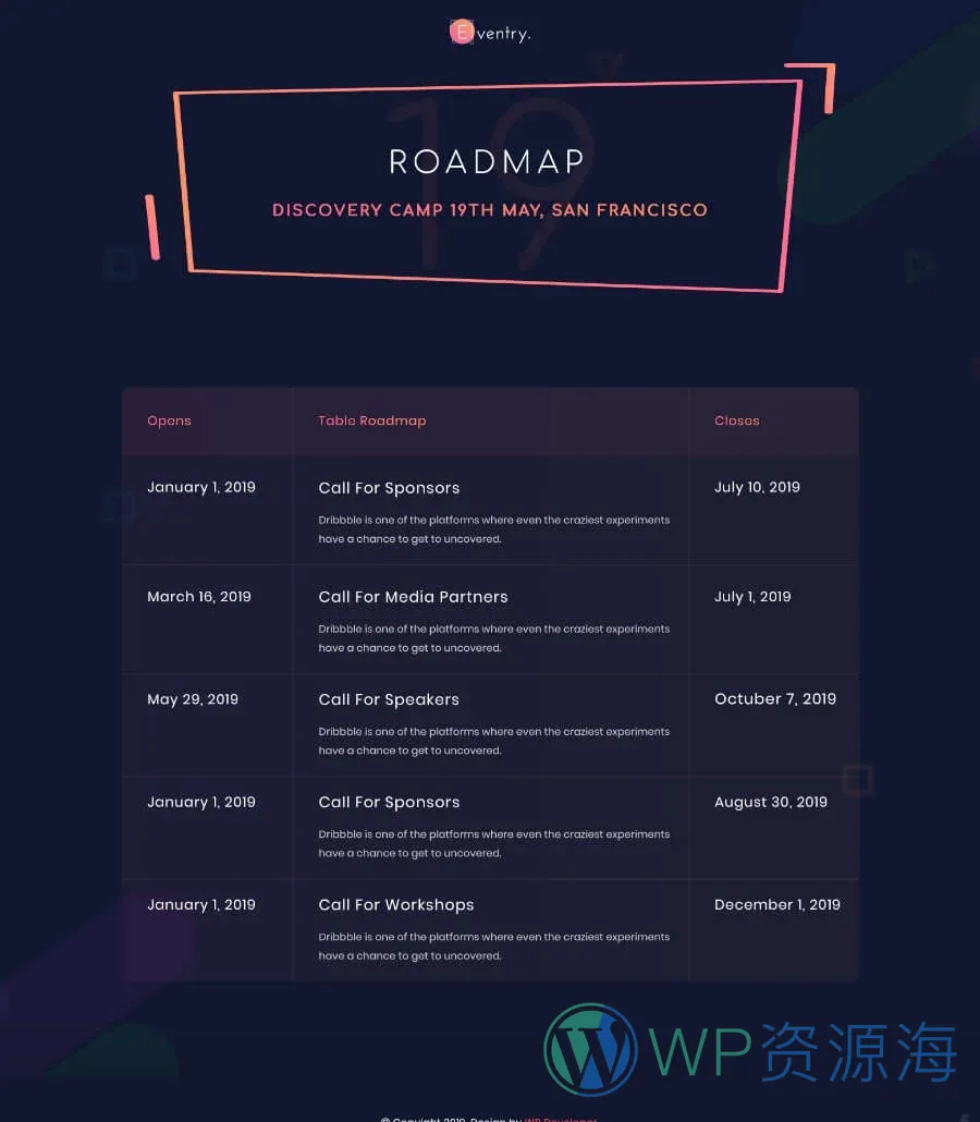 快速建站Elementor网站模板_一键导入快速建站插图6-WP资源海 EventGree Event Template Roadmap