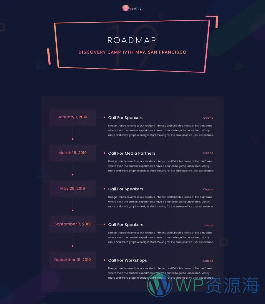 快速建站Elementor网站模板_一键导入快速建站插图9-WP资源海 EventGree Event Template Timeline