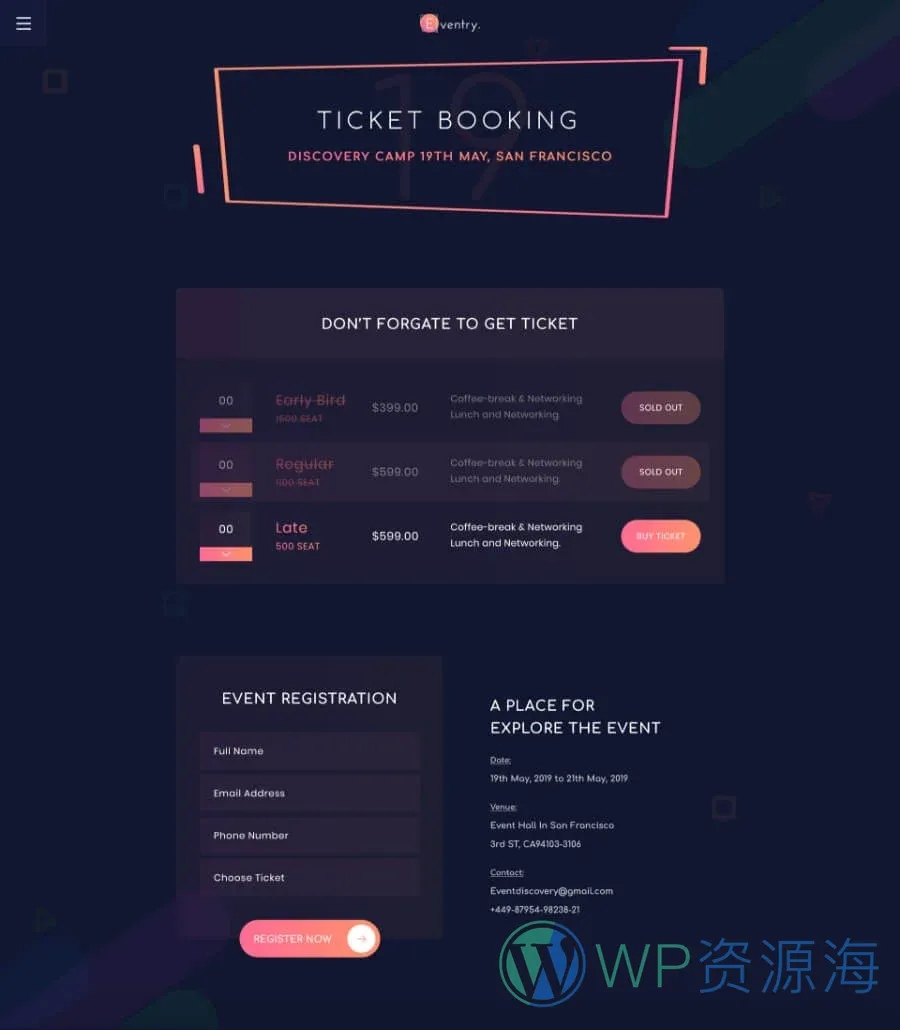 快速建站Elementor网站模板_一键导入快速建站插图8-WP资源海 EventGree Event Template Ticket Booking
