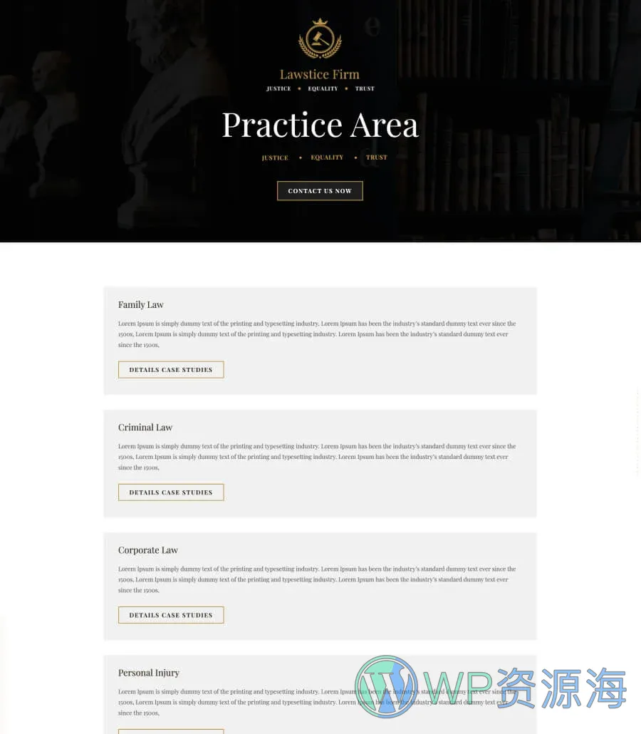 律所整站Gutenberg网站模板_一键导入快速建站插图4-WP资源海 Lawstice Practice Area Page For Gutenberg