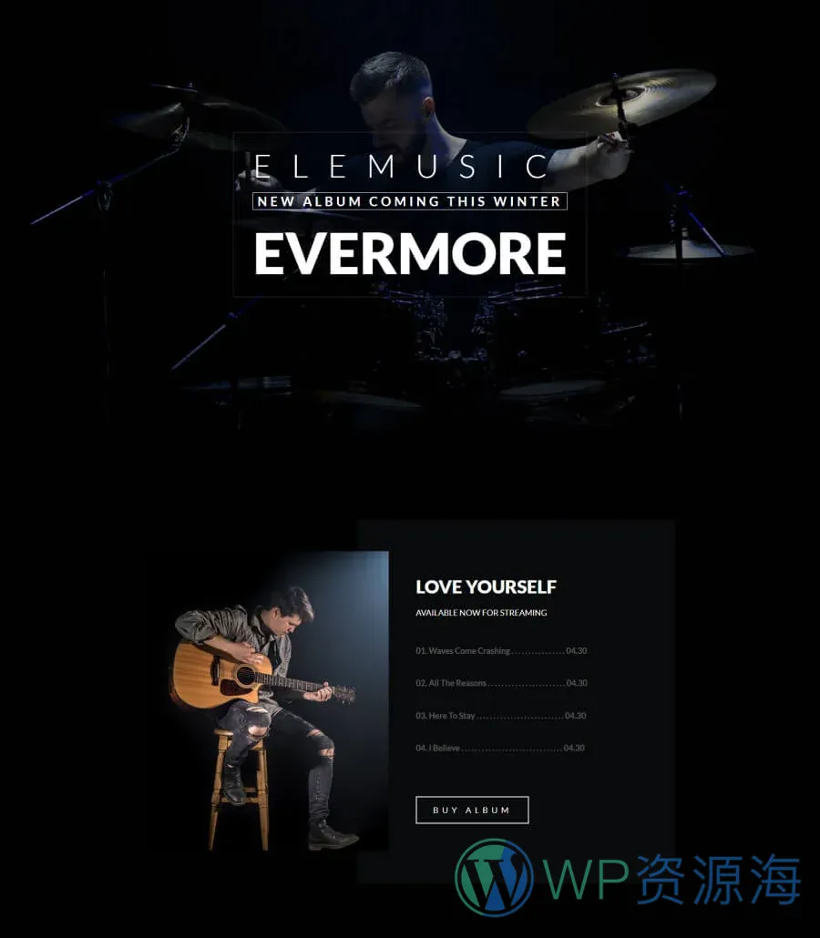 音乐人个人主页Gutenberg网站模板_一键导入快速建站插图1-WP资源海 EleMusic Landing Page For Gutenberg