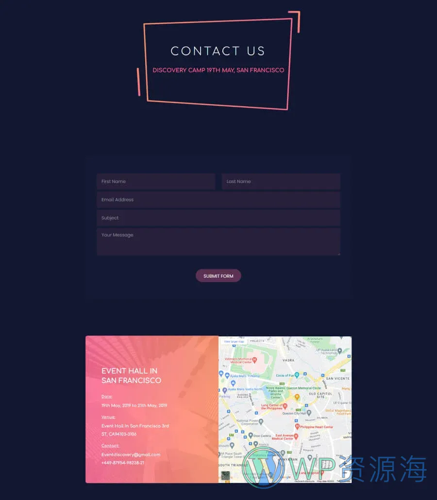 活动Gutenberg网站模板_一键导入快速建站插图3-WP资源海 EventGree Contact Page Dark For Gutenberg