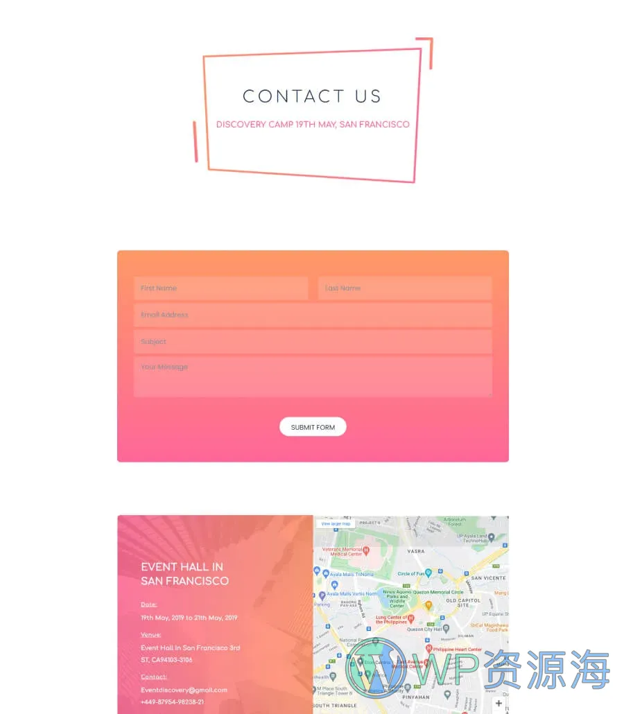 活动Gutenberg网站模板_一键导入快速建站插图4-WP资源海 EventGree Contact Page Lite For Gutenberg
