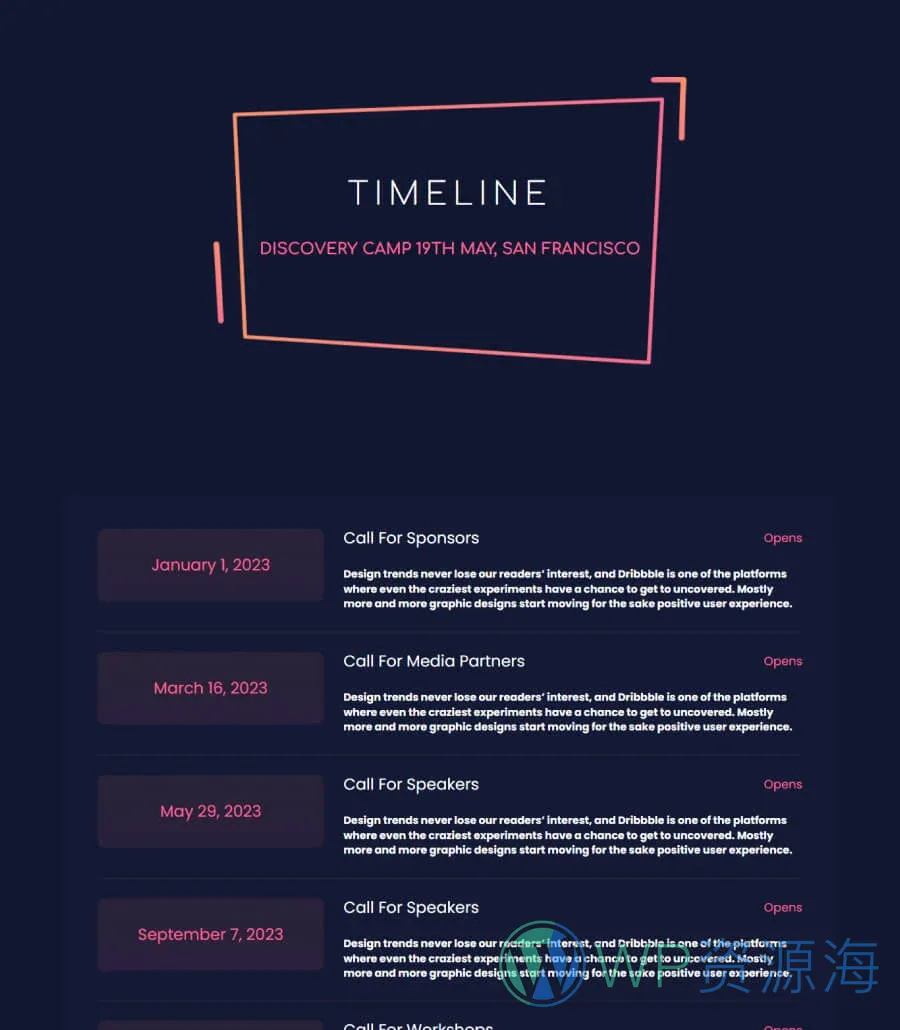 活动Gutenberg网站模板_一键导入快速建站插图6-WP资源海 EventGree Timeline Page Dark For Gutenberg