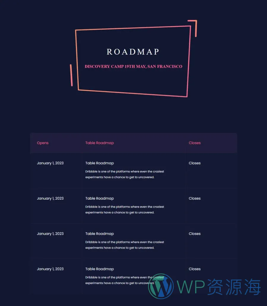 活动Gutenberg网站模板_一键导入快速建站插图8-WP资源海 EventGree Roadmap Page Dark For Gutenberg