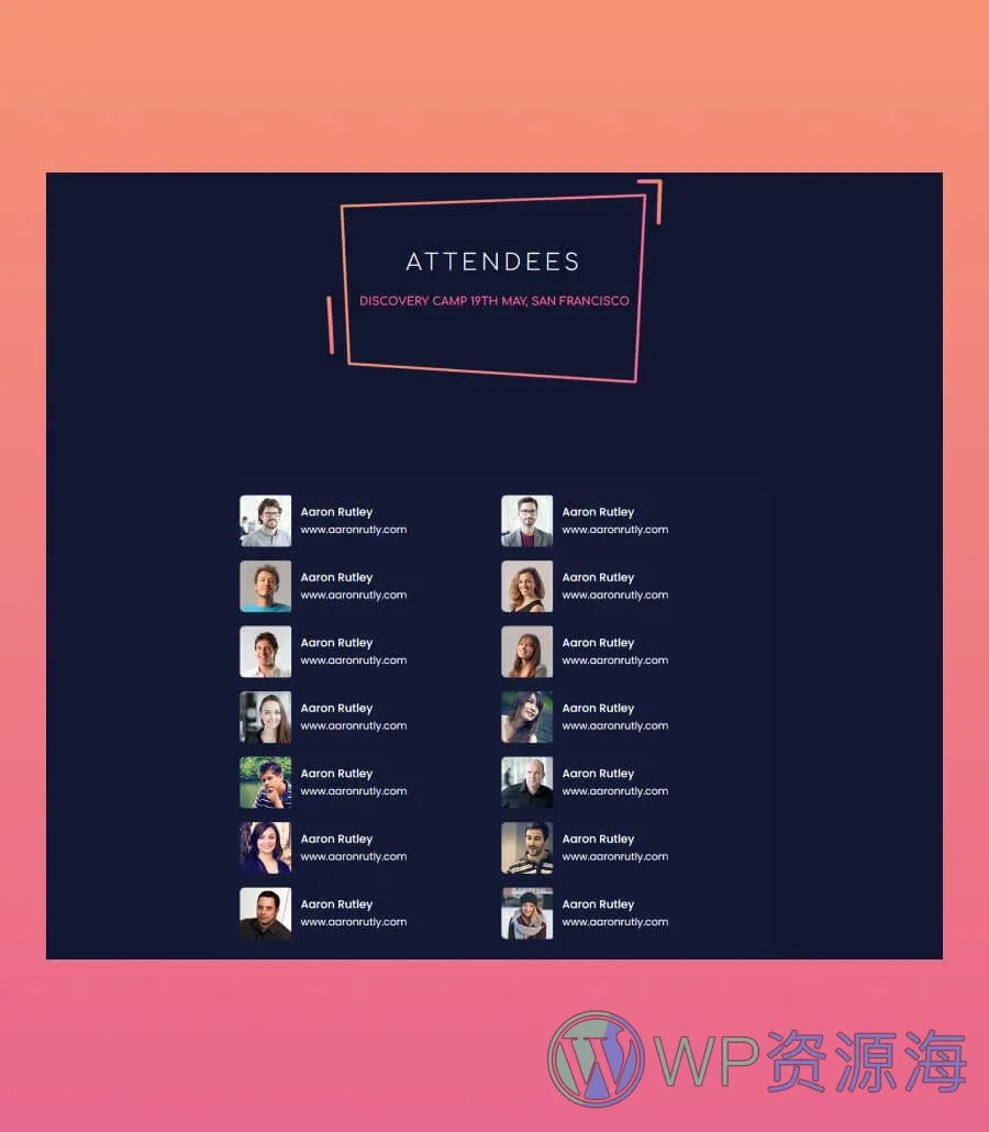 活动Gutenberg网站模板_一键导入快速建站插图10-WP资源海 EventGree Attendees Page Dark For Gutenberg