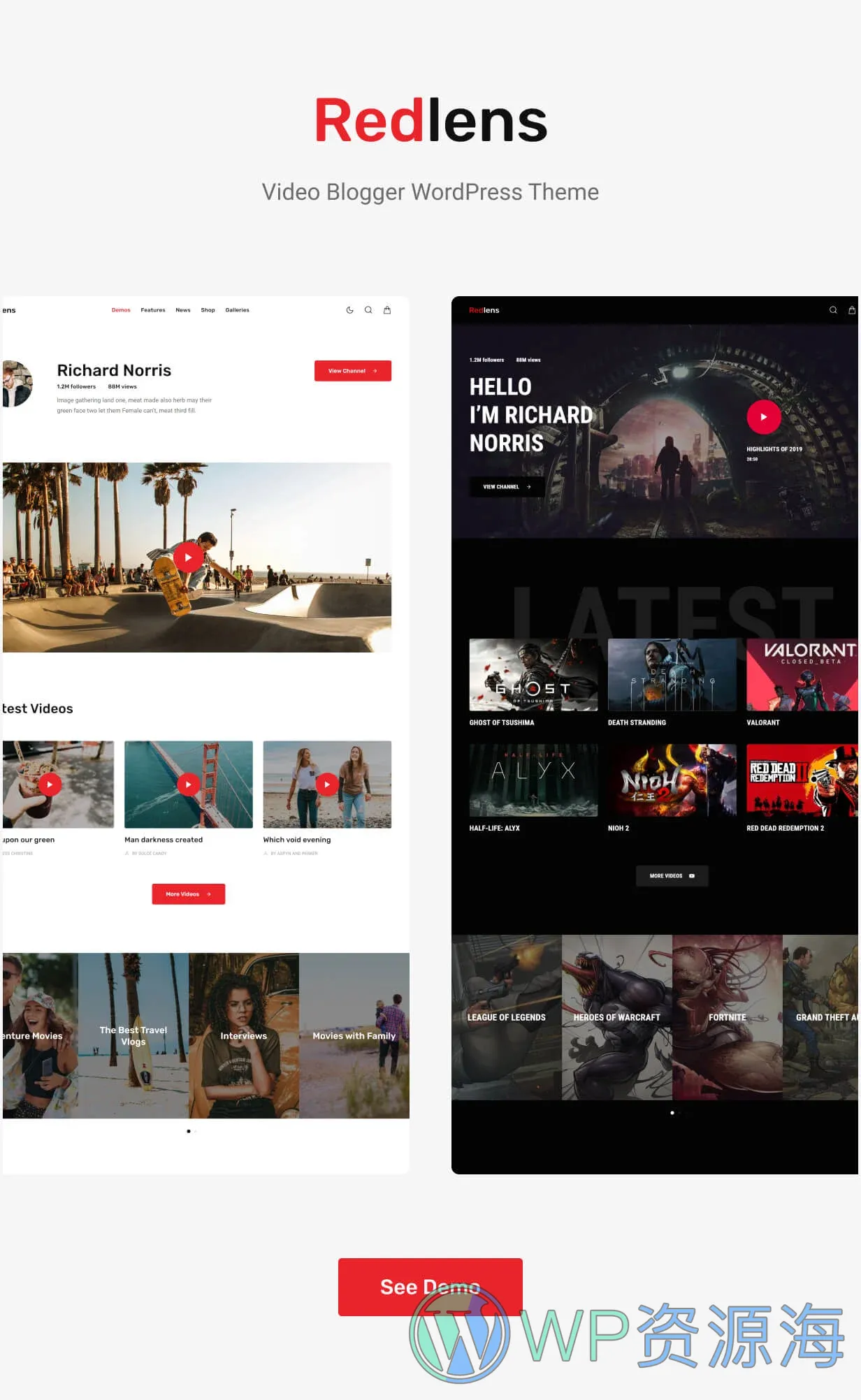 Redlens 视频博主与游戏主播专用 WordPress 主题插图-WP资源海 Redlens - Video WordPress Theme