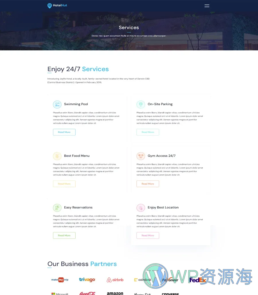 酒店预订Gutenberg网站模板_一键导入快速建站插图2-WP资源海 HotelHut Service Page For Gutenberg