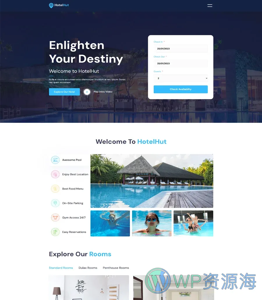酒店预订Gutenberg网站模板_一键导入快速建站插图1-WP资源海 HotelHut Home Page For Gutenberg