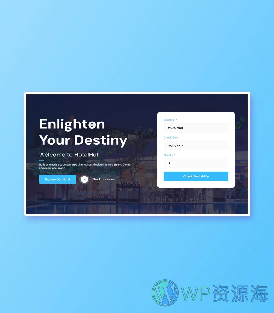 酒店预订Gutenberg网站模板_一键导入快速建站插图7-WP资源海 HotelHut Banner Section For Gutenberg