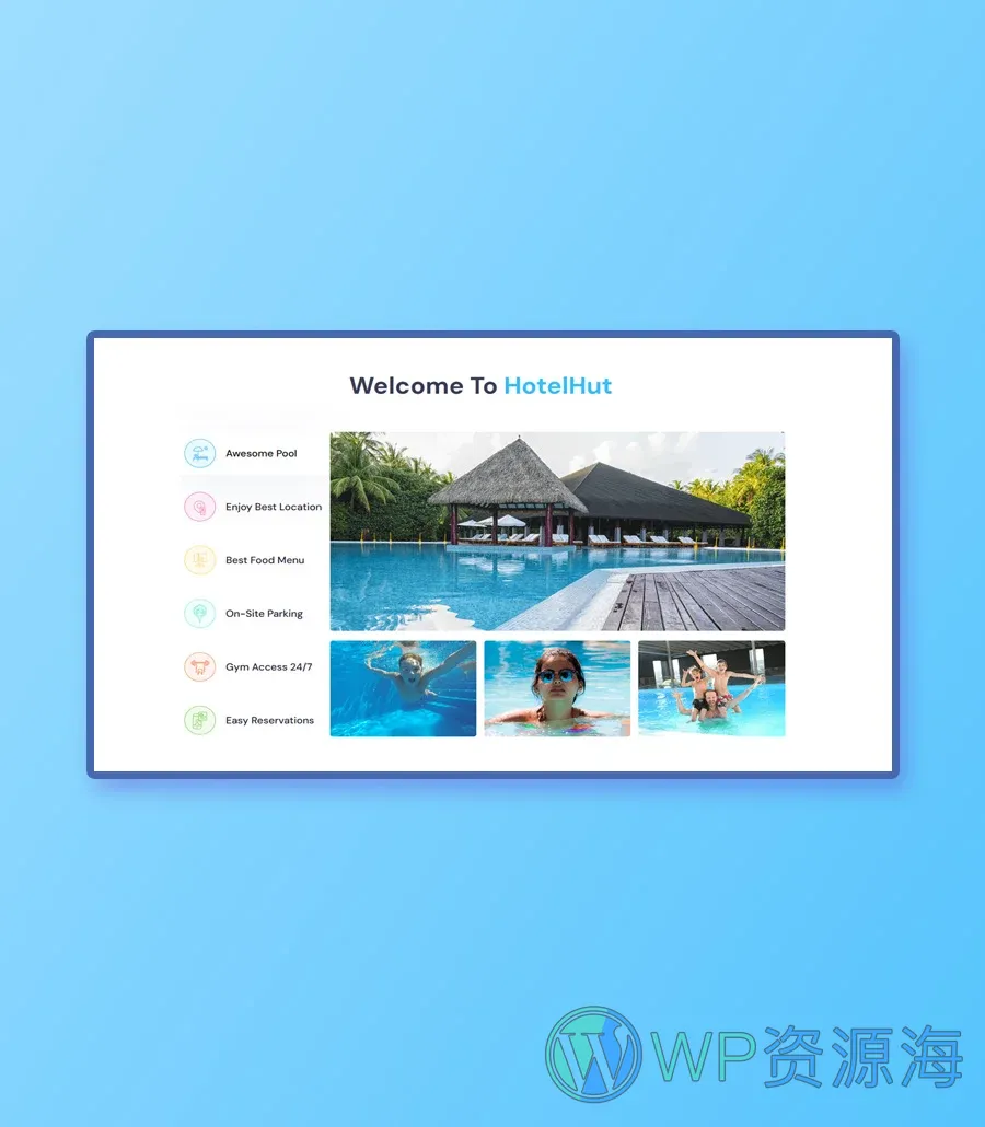 酒店预订Gutenberg网站模板_一键导入快速建站插图8-WP资源海 HotelHut Facilities Tab Section For Gutenberg