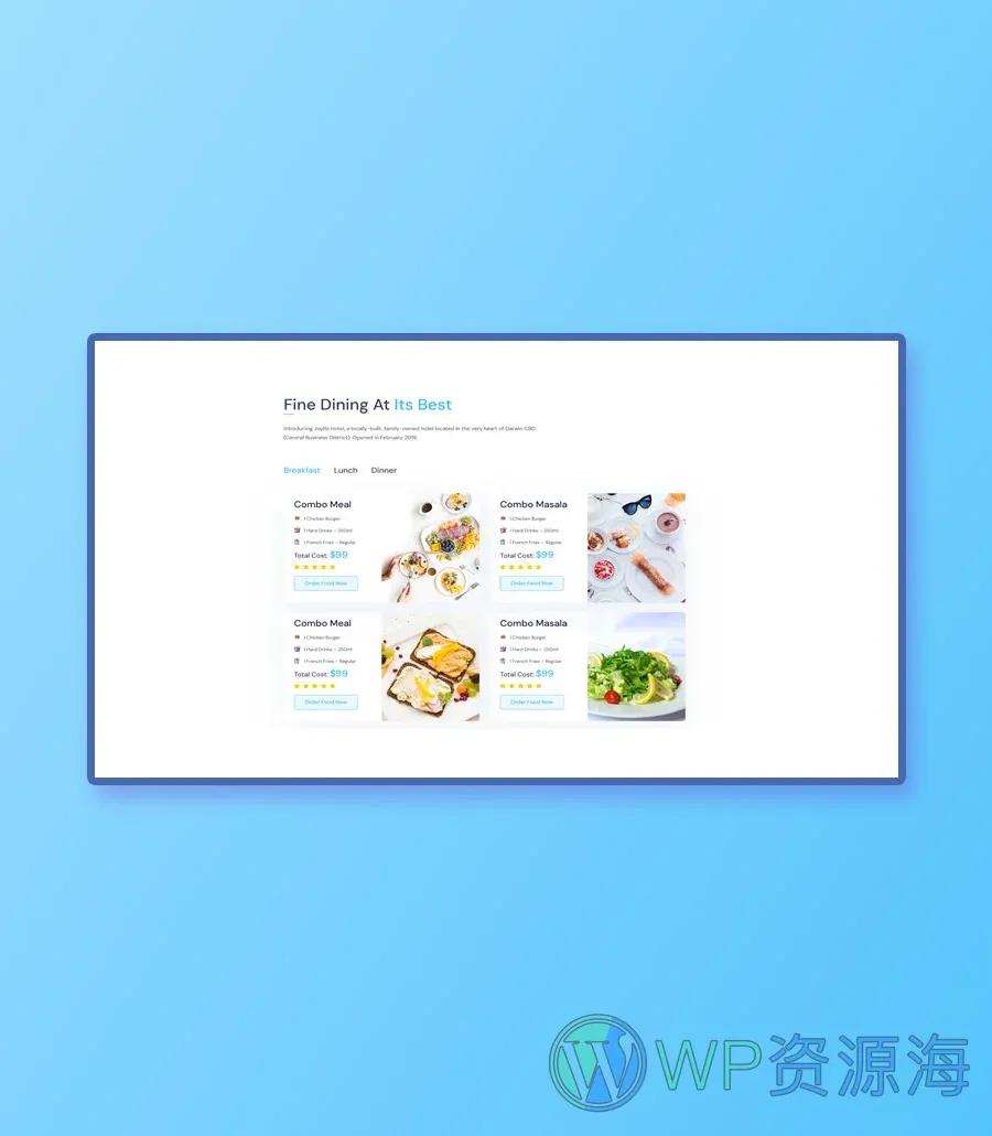 酒店预订Gutenberg网站模板_一键导入快速建站插图12-WP资源海 HotelHut Food Menu Section For Gutenberg