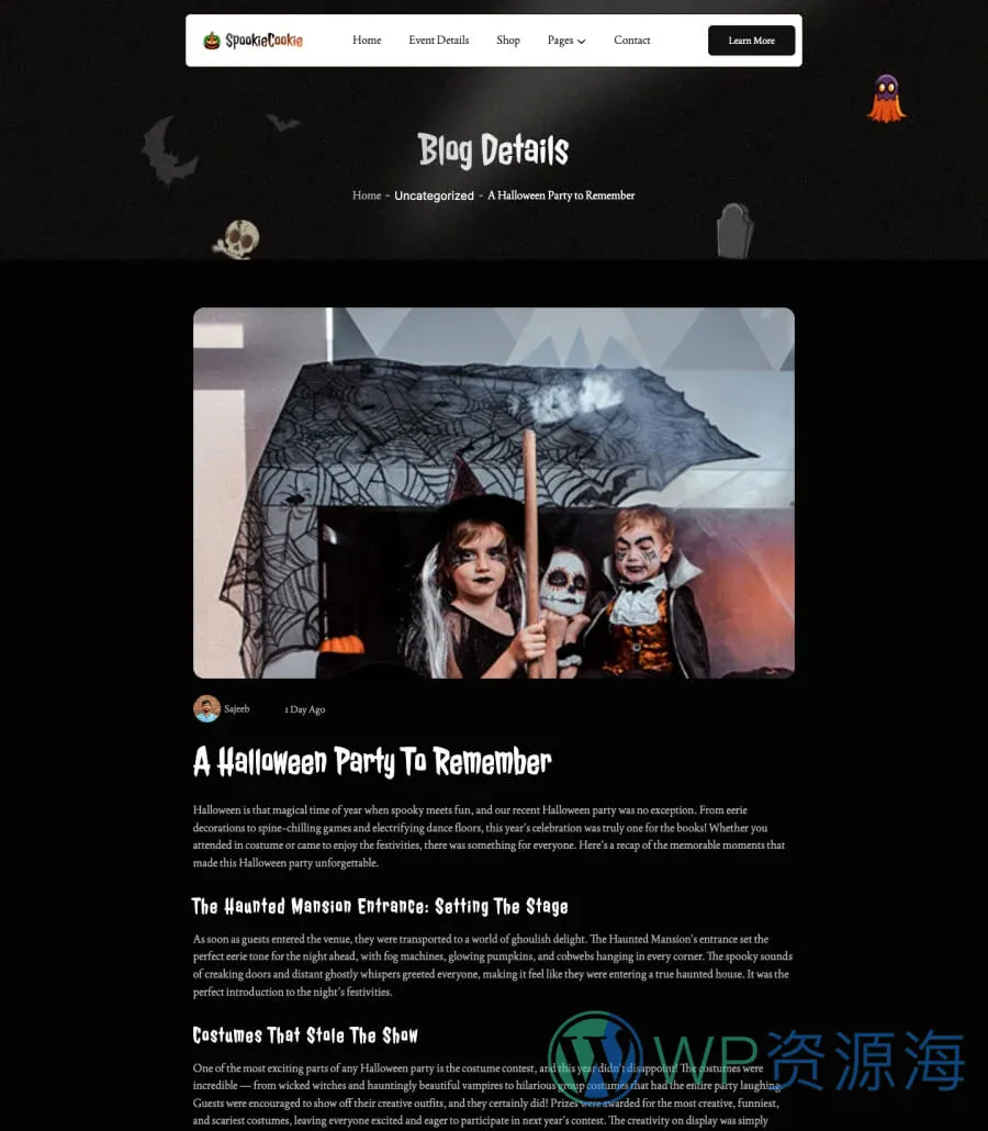 SpookieCookie Blog Details Page For Gutenberg