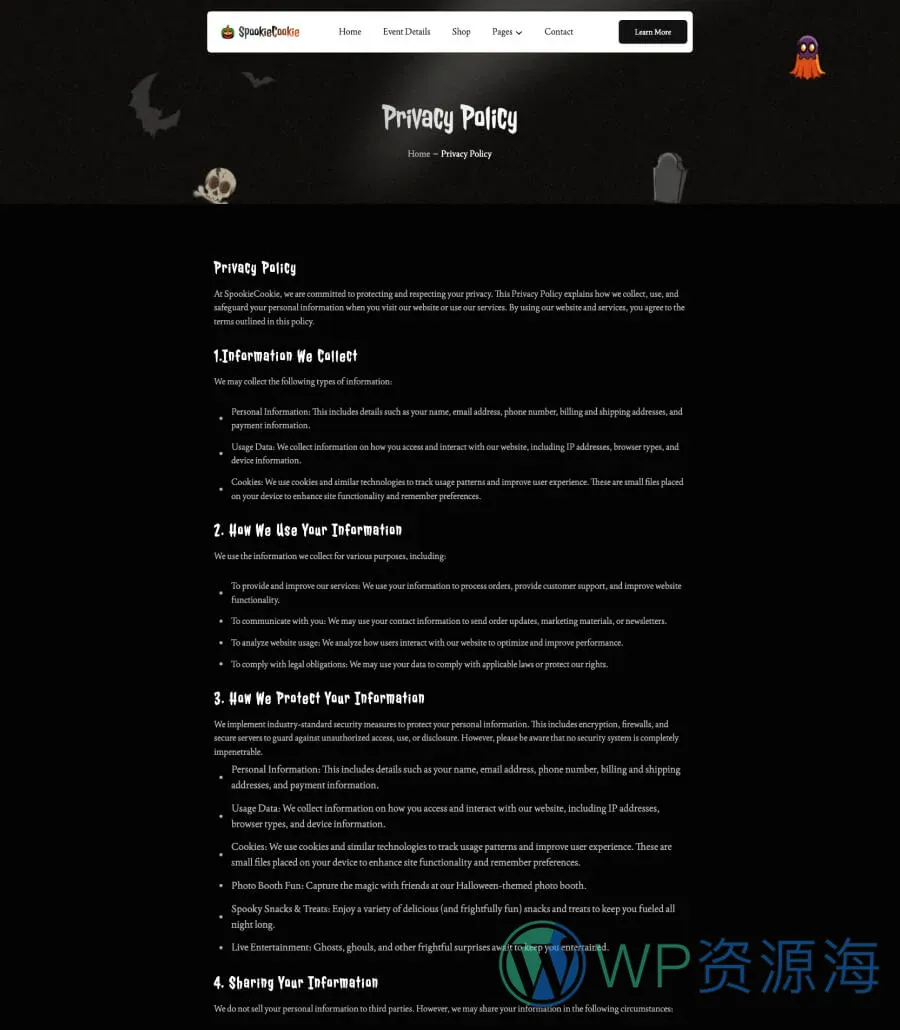 SpookieCookie Privacy Policy Page For Gutenberg