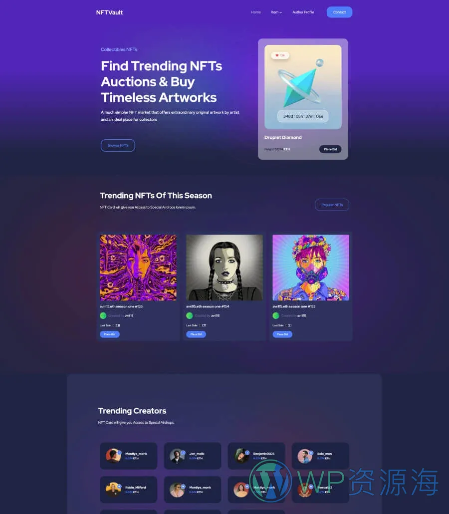 NFT项目Gutenberg网站模板_一键导入快速建站插图1-WP资源海 NFTVault Home Page For Gutenberg