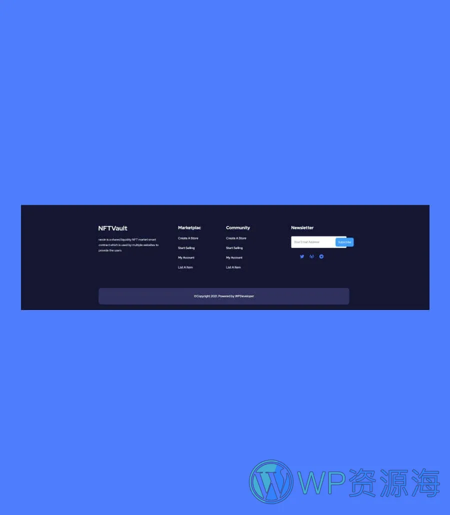 NFT项目Gutenberg网站模板_一键导入快速建站插图9-WP资源海 NFTVault Footer Section For Gutenberg