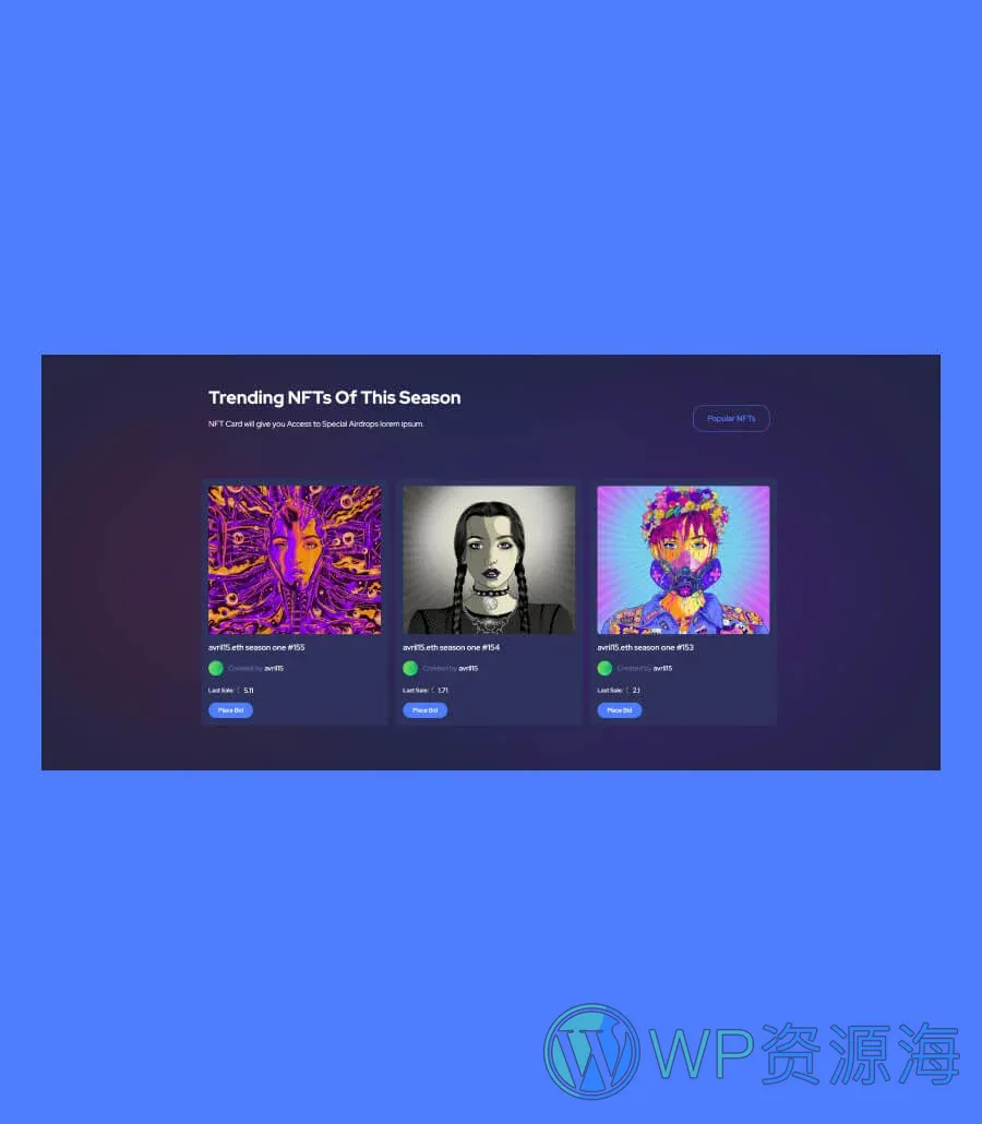 NFT项目Gutenberg网站模板_一键导入快速建站插图7-WP资源海 NFTVault Trending Items Section For Gutenberg