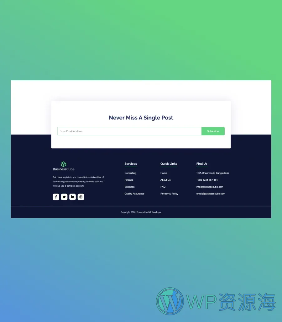 商业咨询Gutenberg网站模板_一键导入快速建站插图11-WP资源海 BusinessCube Footer Section For Gutenberg