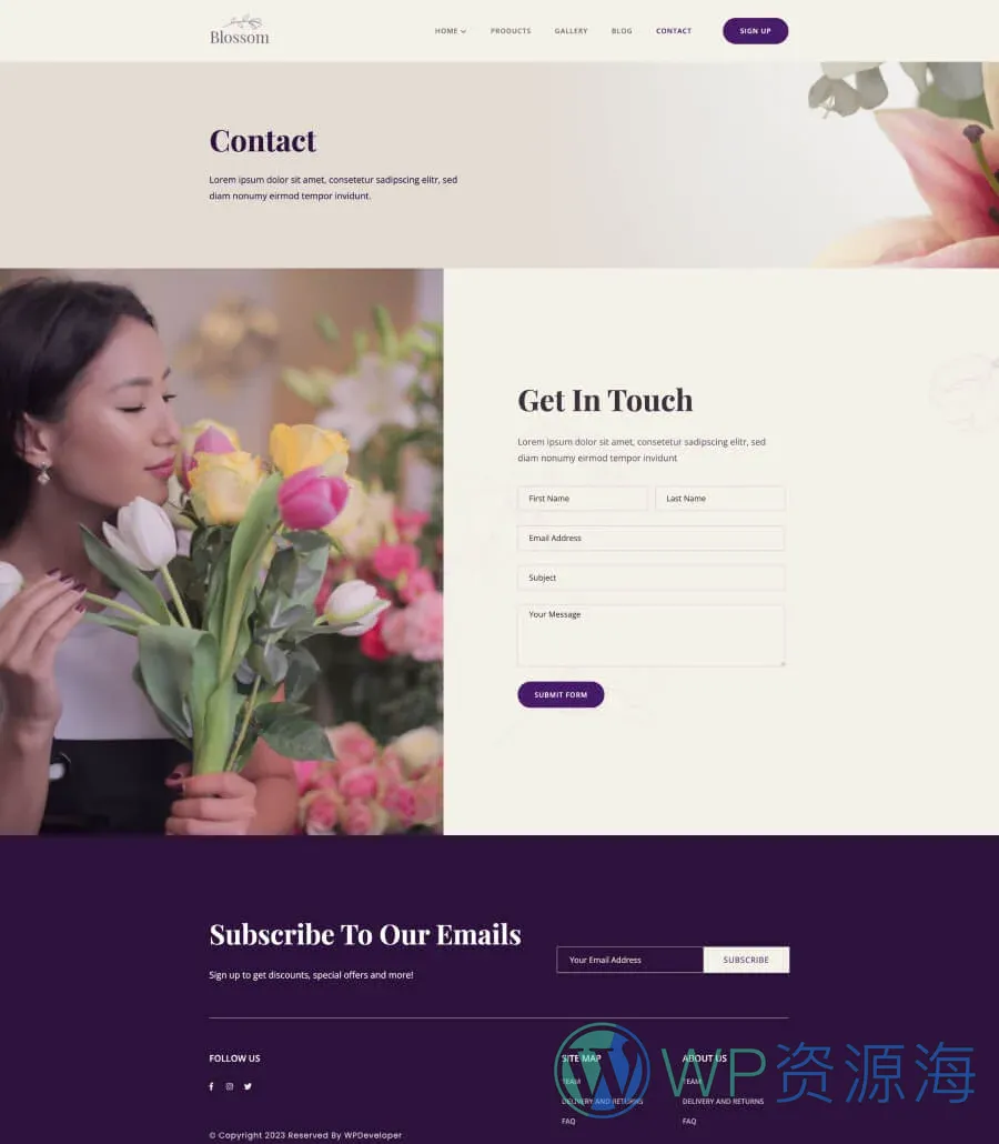 花店Gutenberg网站模板_一键导入快速建站插图3-WP资源海 Blossom Contact Page For Gutenberg