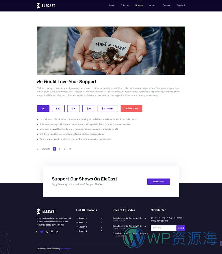 播客Elementor网站模板_一键导入快速建站插图4-WP资源海 EleCast Donate Page