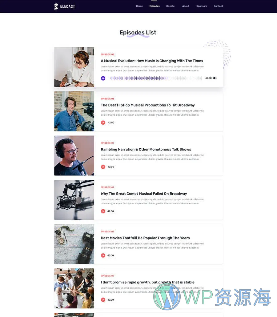 播客Elementor网站模板_一键导入快速建站插图5-WP资源海 EleCast Episode List Page