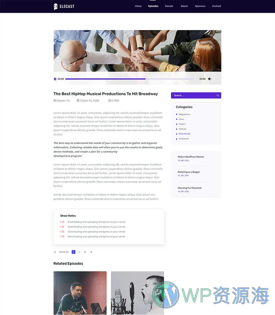 播客Elementor网站模板_一键导入快速建站插图6-WP资源海 EleCast Episode Single Page