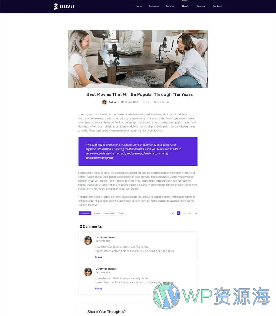播客Elementor网站模板_一键导入快速建站插图9-WP资源海 EleCast Journal Single Page