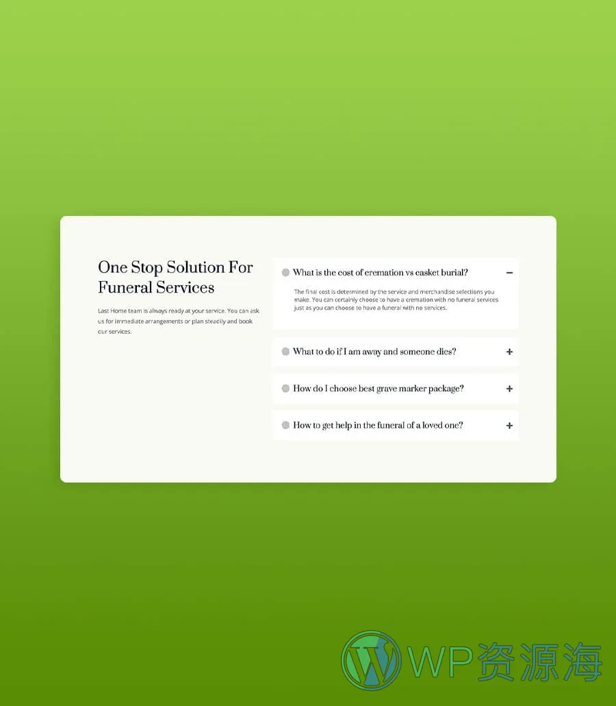 殡仪服务Gutenberg网站模板_一键导入快速建站插图8-WP资源海 Last Home FAQ Section For Gutenberg