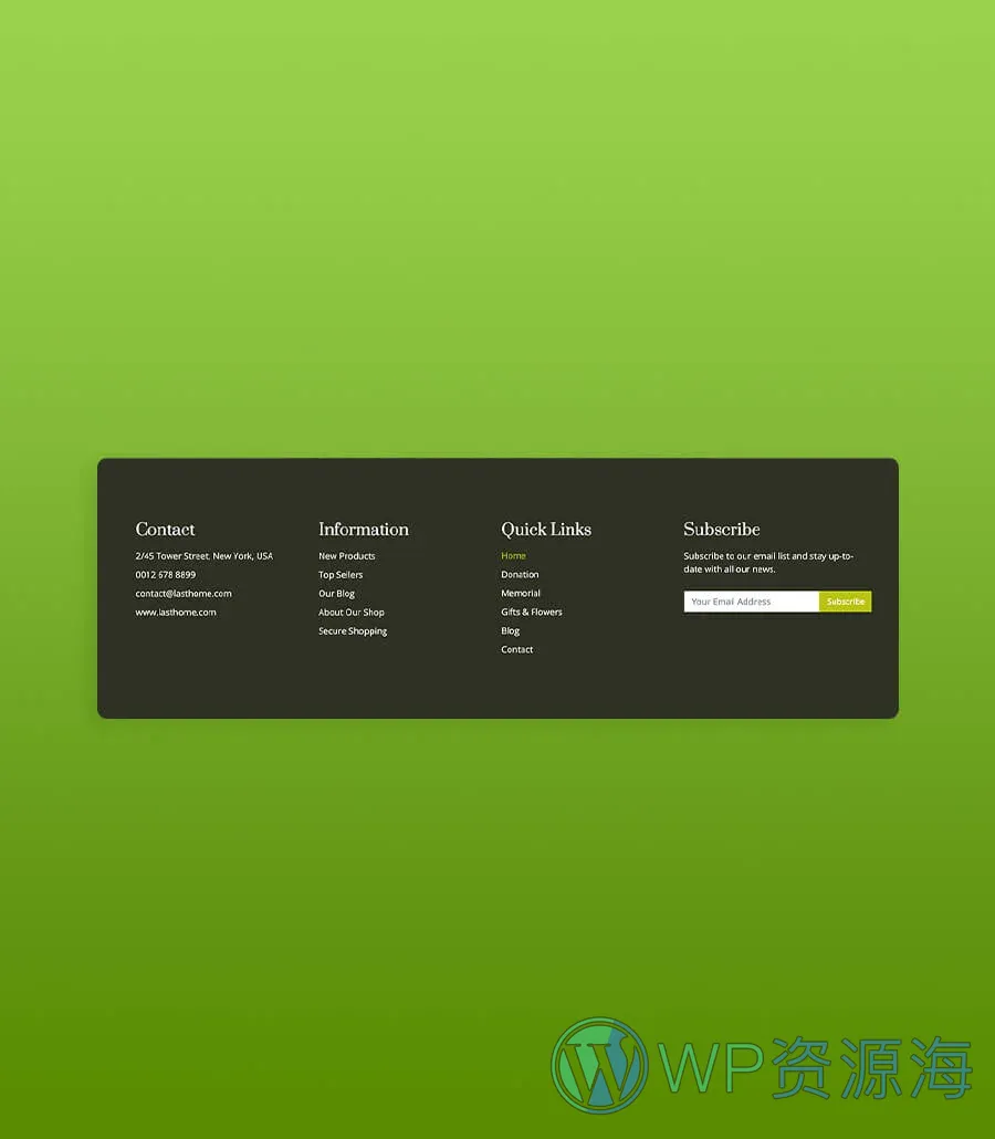 殡仪服务Gutenberg网站模板_一键导入快速建站插图10-WP资源海 Last Home Footer Section For Gutenberg